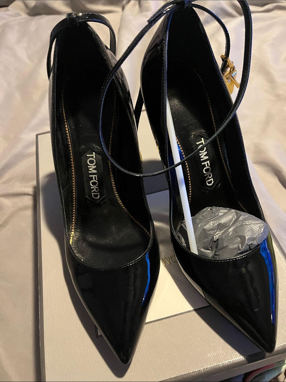 Tom Ford Black Patent Pointed-Toe Ankle-Strap Heels